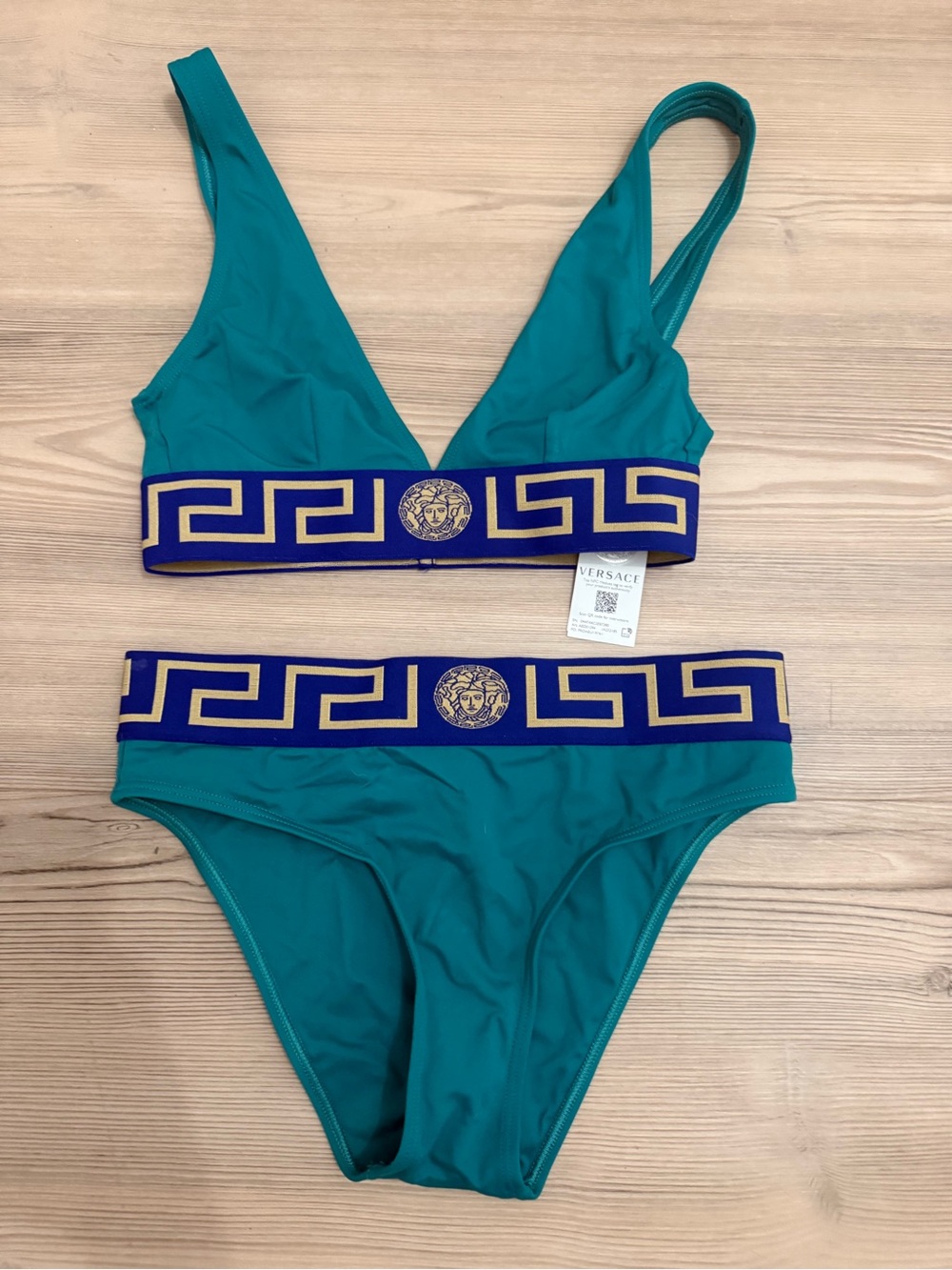 Versace Teal Bikini with Blue and Gold Greca Band